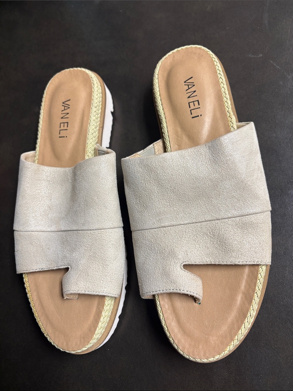 Vaneli Light Silver Leather Slide Sandals